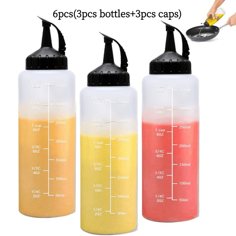Image of 6pcs Set Of Plastic Squeeze Condiment Bottles With Twist Caps (3 Bottles + 3 Caps), Refillable – Durable, Dishwasher Safe For Sauces, Dressings, Oils – /close, Precise Measurement Marks, Round Shape