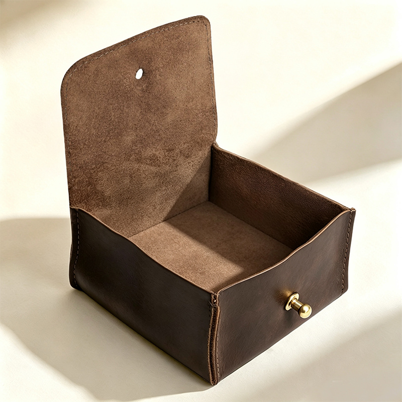 TEMU Handcrafted Genuine Leather Jewelry Pouch From Top-grain Cowhide, Mini Travel-sized Box, Ring And Storage Organizer, Wedding Gift For Groom And