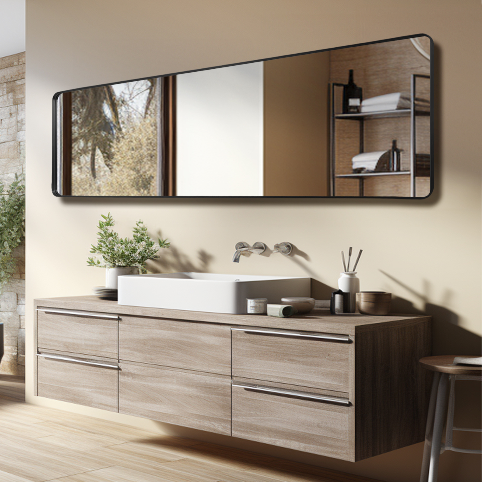 Image of Bathroom Rectangle Vanity Mirror, Rectangular Hanging Wall Mirror - Home Decorative Wall Mounted Mirror For Bathroom, Dressing Room & Living Room