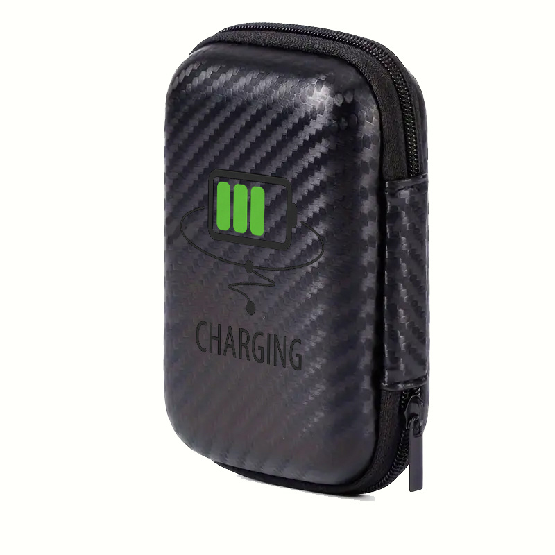 TEMU Hard Shell Eva & Carbon Fiber Tech Case With Green Charging Cable Design - Compact 4.3” Portable Protective Storage Bag For Headphones, Cables,