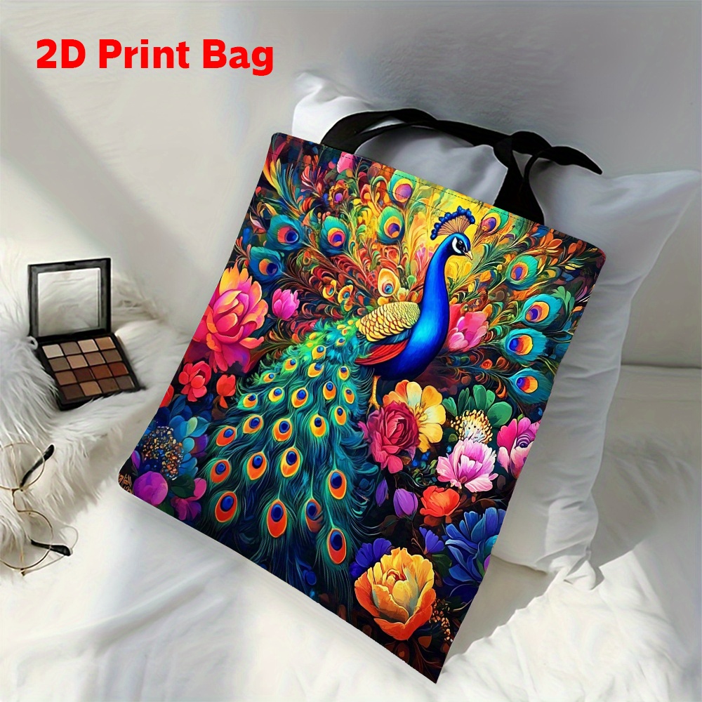 TEMU 2d Printed Tote Bag, Peacock And Theme, Reusable, Trendy Shoulder Bag, Handbag, Shopping Bag, Suitable For Shopping, Office, Holiday, Daily