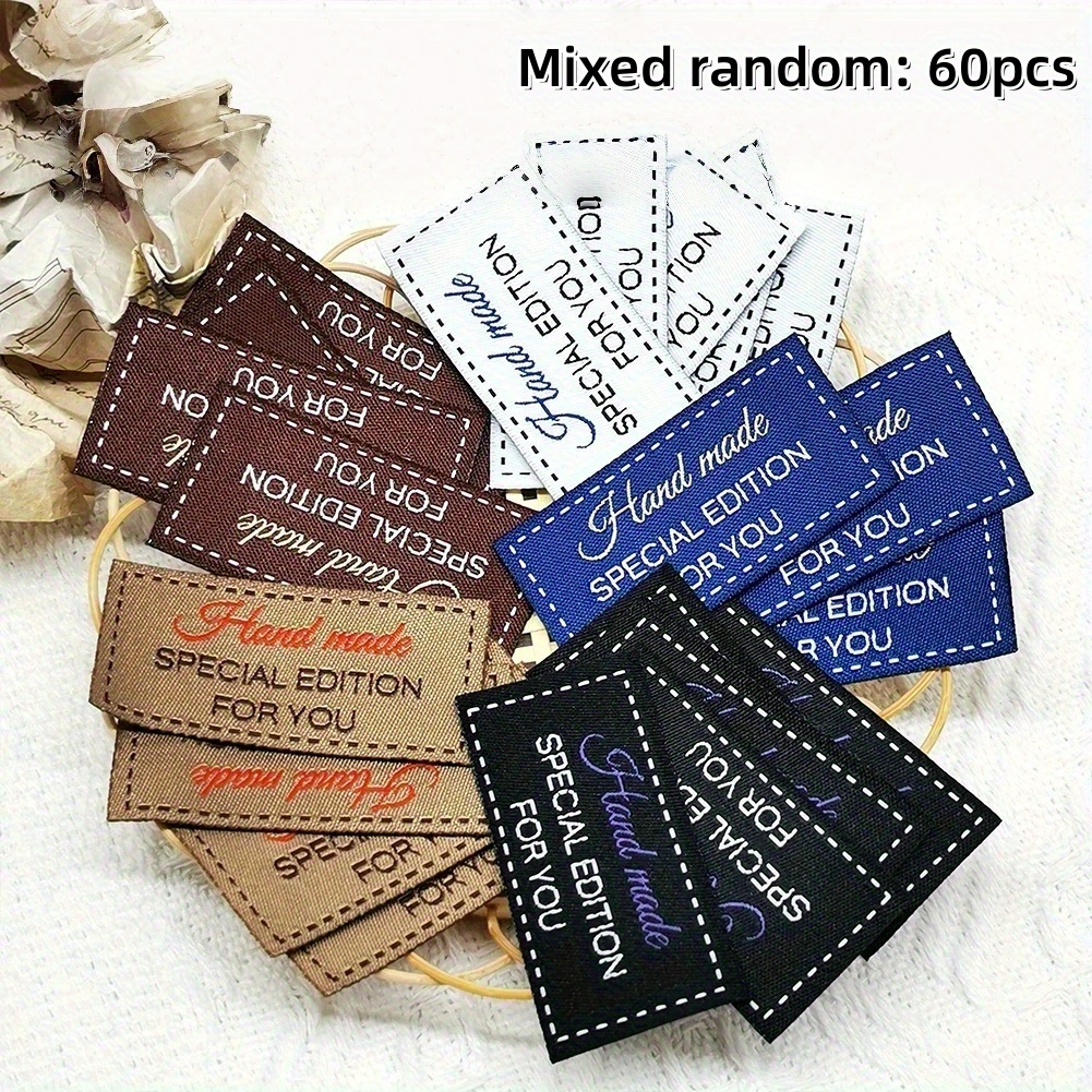 E-shop 60 Stk. handgewebte Polyester-Etiketten in zufälligen Farben 25x50mm - 5-farbige einfache Nähetiketten, geeignet für DIY-Handarbeiten, Schals,