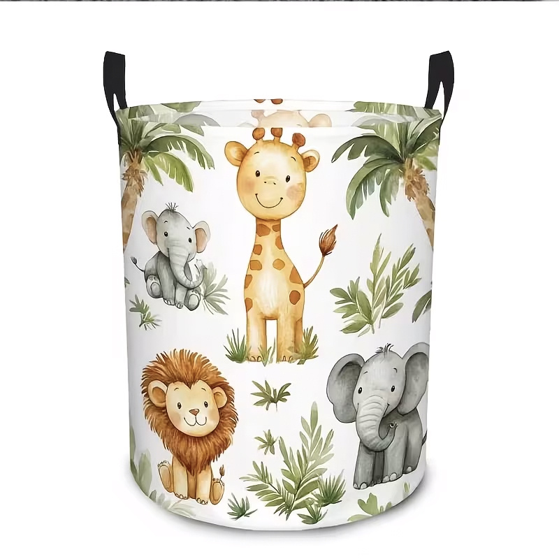 TEMU Panier à linge sale à thème animalier de . Une scène de girafes, lions et éléphants jouant parmi des palmiers et des plantes . panier à linge