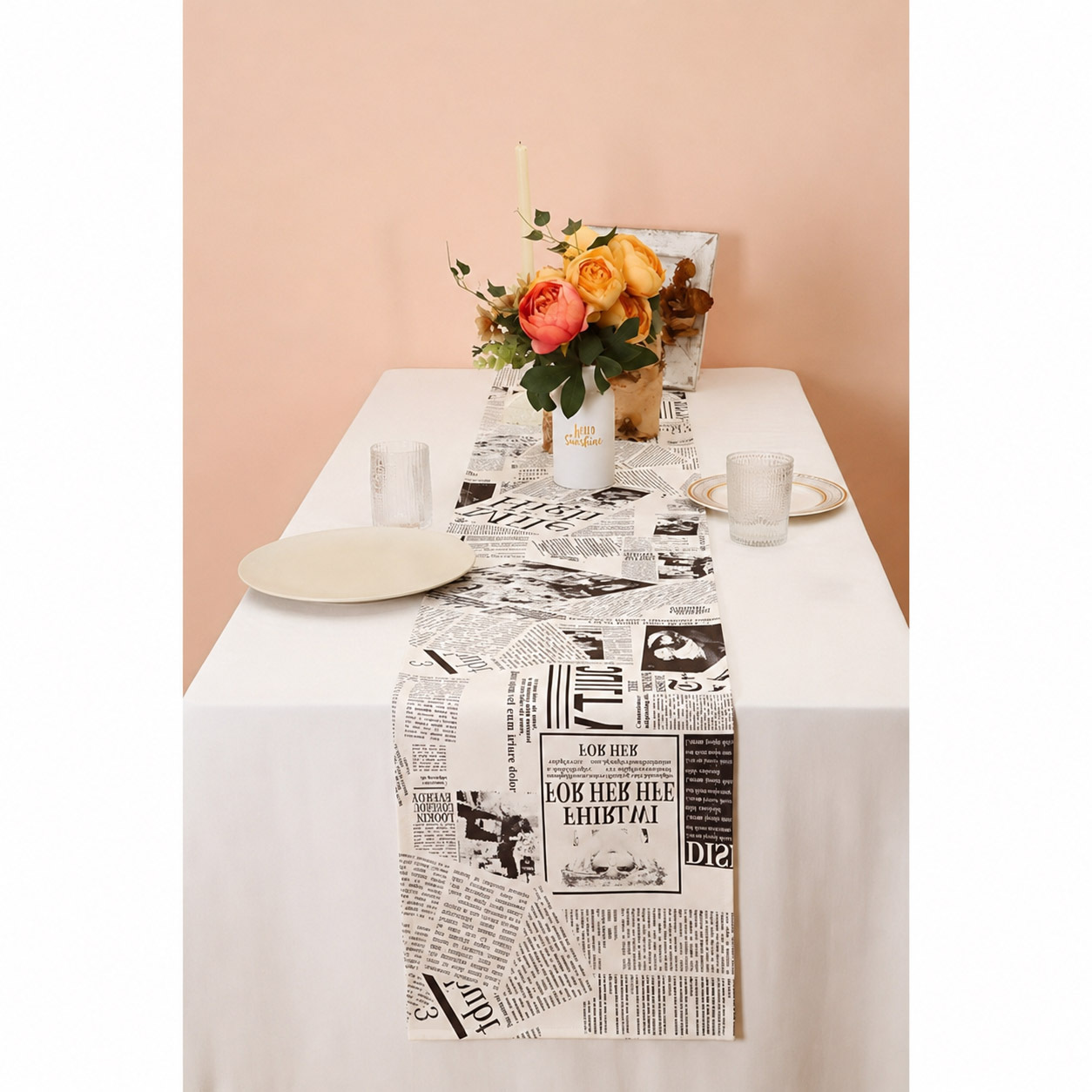 TEMU 1pc Vintage Newspaper Print Table Runner - Polyester Printed Black And White Newspaper Design With And Photo, Durable Polyester Fabric, Suitable