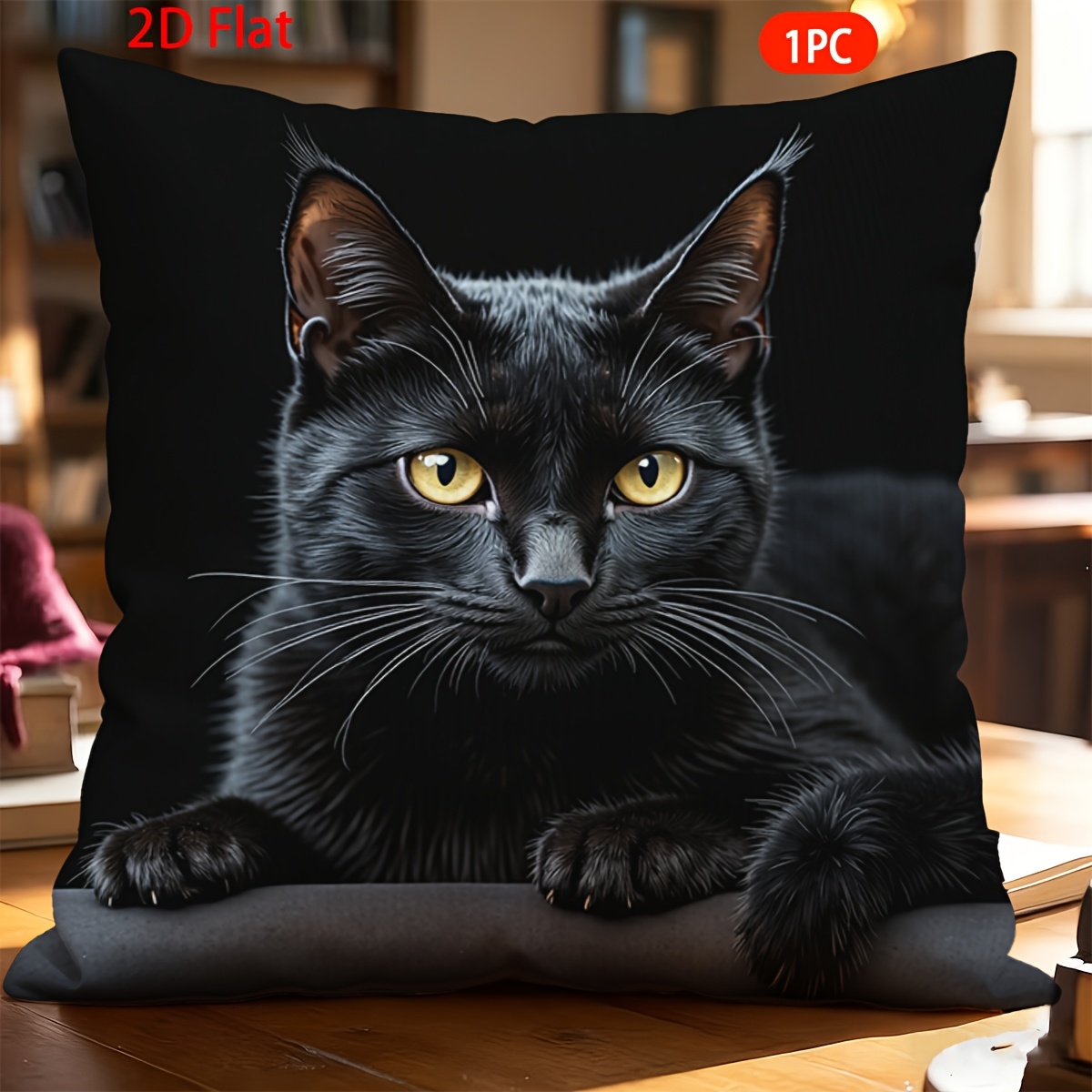 TEMU 1pc, 2d Flat Printing Pillowcase, Black Cat With Telescope Design, Soft And Smooth Short Plush Fabric, Double-sided Print, Multiple Sizes,