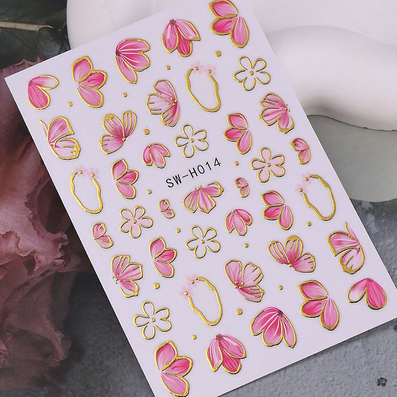 Image of 2pcs Pink Flower Petal 3d Nail Stickers Line Geometry Designs Nail Art Decals For Acrylic Nails Diy Spring Self-adhesive Manicure Decoration Supplies