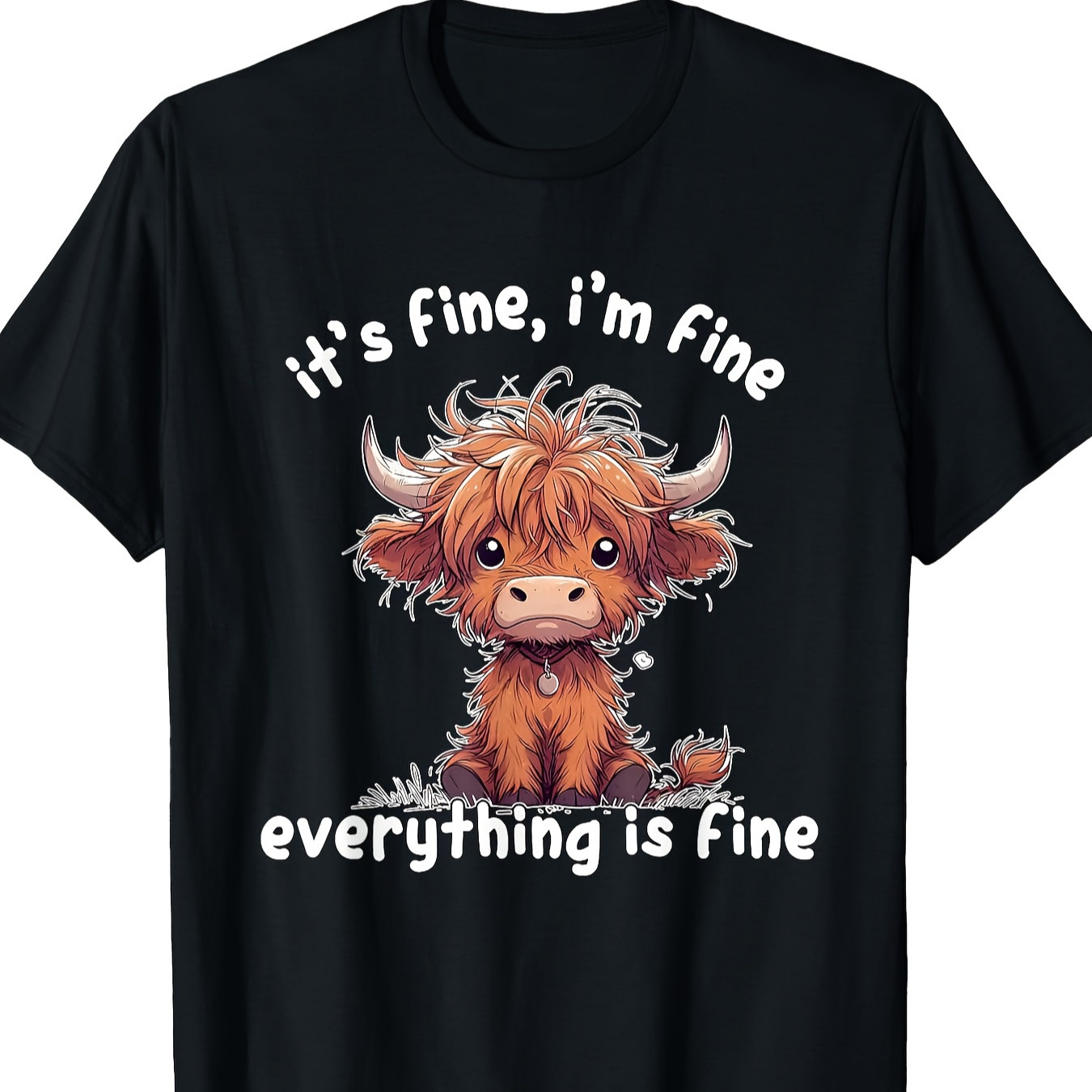 

Highland Cow Graphic T-shirt, 100% Cotton, Casual Crew Neck Tee, Regular Fit, With " Fine Is Fine" Print, For Adults, Knit Fabric Top