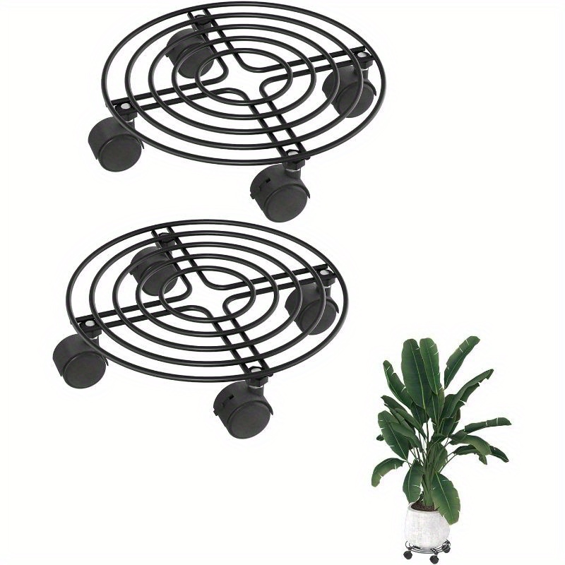 Image of 2pcs Plant Roller Metal, Square/round Flower Pot Saucer With Lockable Casters, Wrought Iron Flower Roller For Outdoor, Indoor, Decorative, Garden