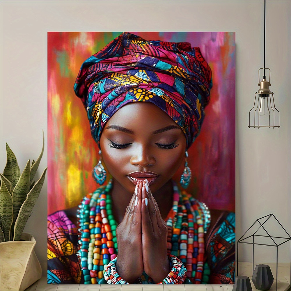 TEMU 1pc Vibrant African Woman Canvas Wall Art - Colorful Head Wrap & Beaded Dress, Frameless High-, Office Decor, Modern Retro Art , Portrait