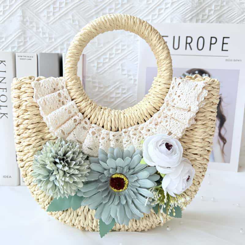 DIY Artificial Flower Woven Basket Kit, Bohemian Crochet Handbag, Finished Handbag, for Wedding, Vacation, Party, Great Gifts for Women