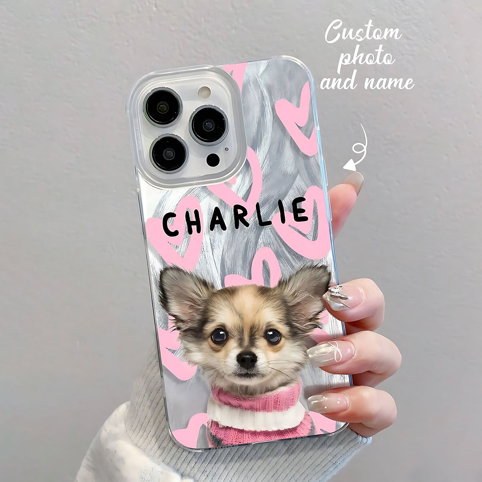 TEMU Phone Case - Personalized Custom Pet Text Photo Diy Couple Family Custom Yarn Phone Case, Suitable For Iphone 16 Por Max