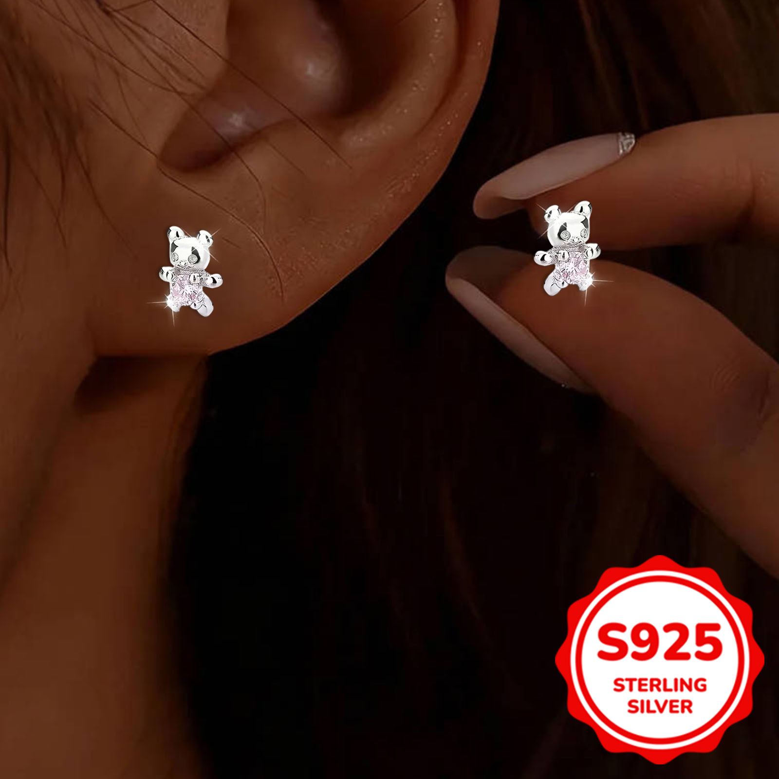 S925 Silvery Bear Stud Earrings with Synthetic Zirconia