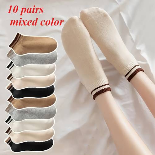 item picture 10 pairs of striped short socks comfortable breathable athletic socks womens long socks and random colors