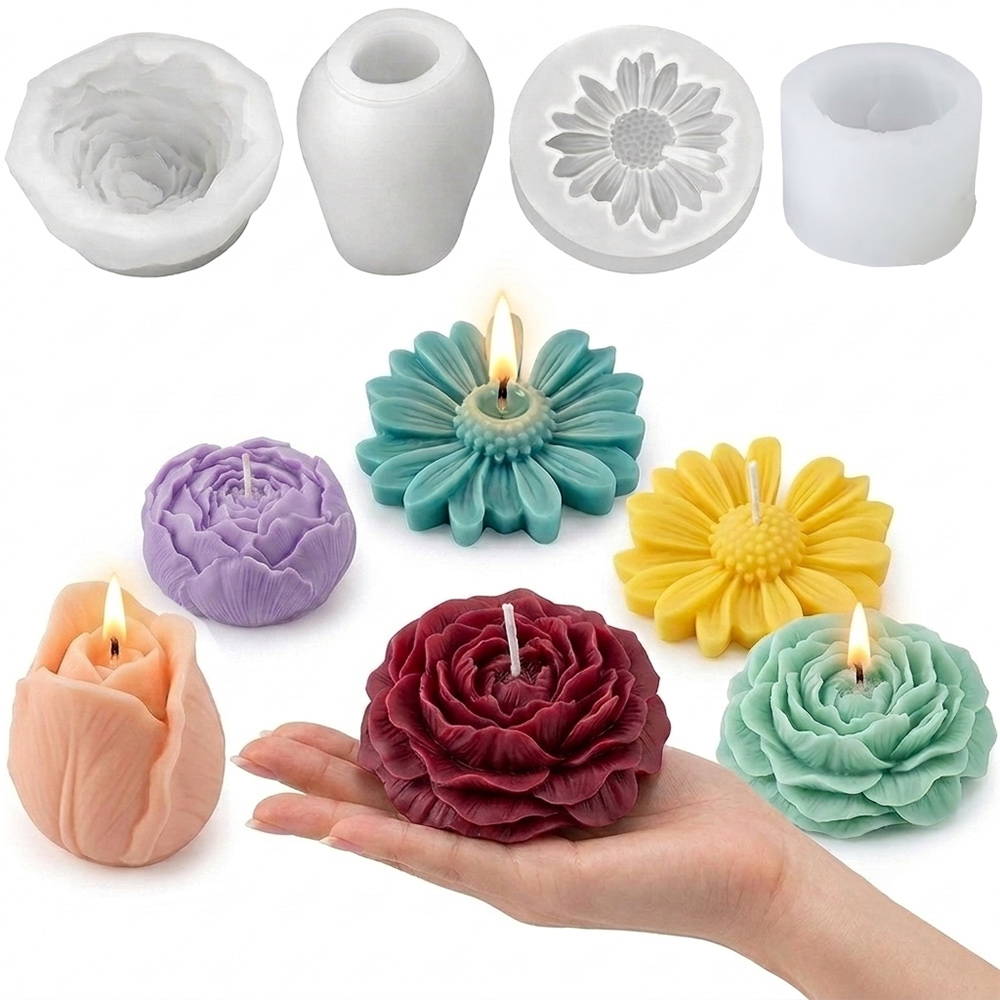 TEMU 4 Set di Stampi per Candele a Forma in Silicone per Creazione Fai da Te, Adatti per Cera di Soia, Cera d'Api, , Resina, ecc., con Opzioni di