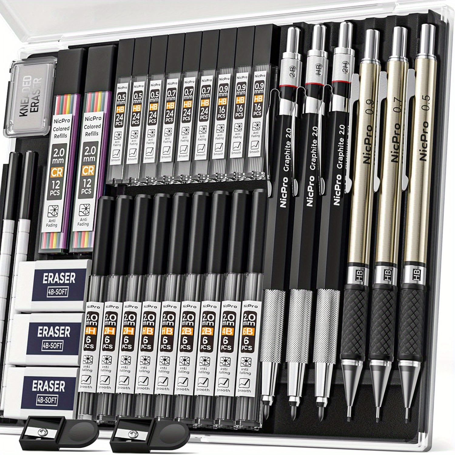 Image of 1set (35pcs) Art Mechanical Pencil Set, 3pcs Metal Drafting Pencil 0.5mm & 0.7mm & 0.9mm & 3pcs 2mm Lead Holder (6b 4b 2b Hb 2h 4h Colors) For Sketching Drawing With 20 Tube Lead Refills Case