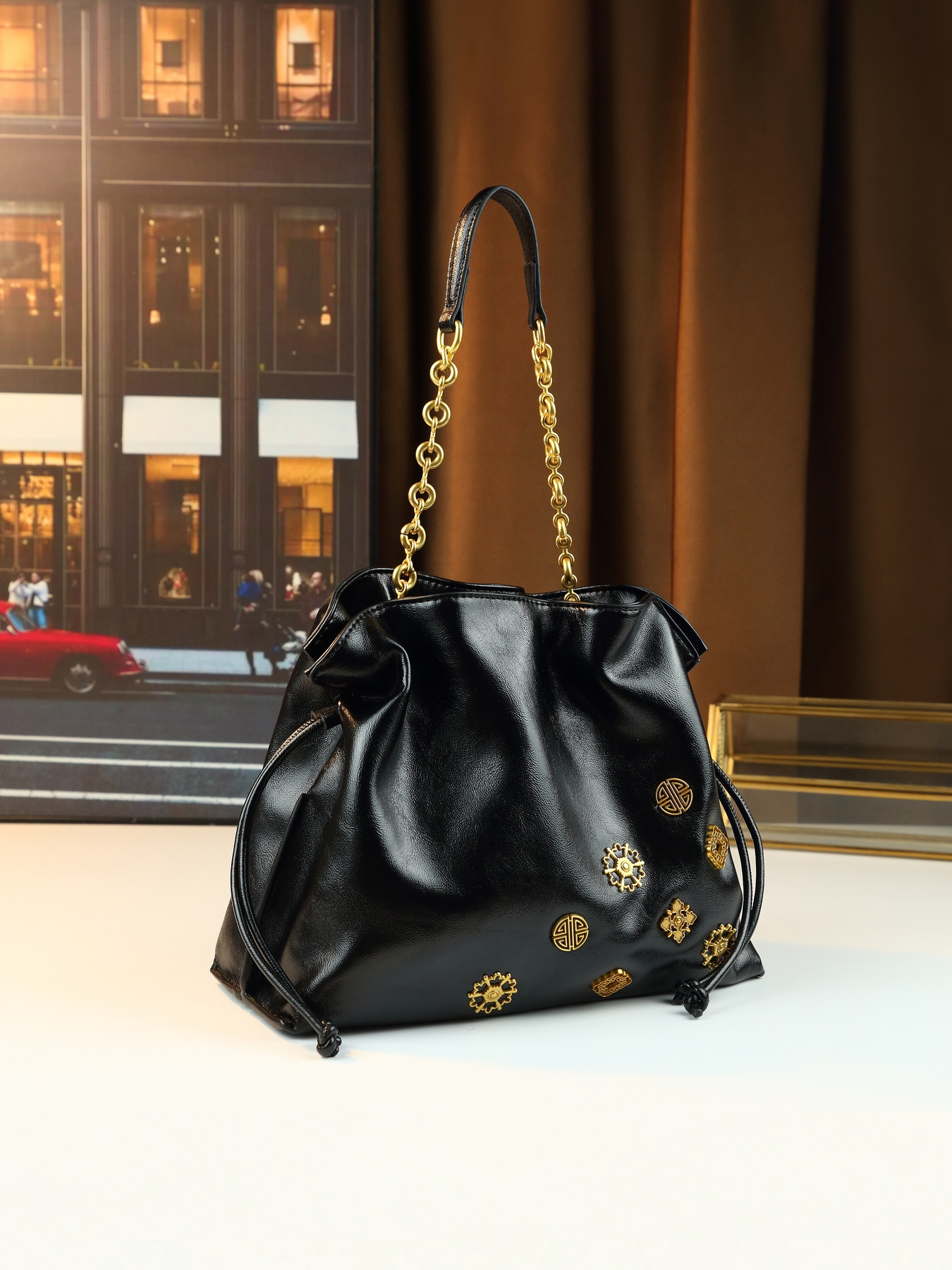 Black Drawstring Handbag top view with cinch detail