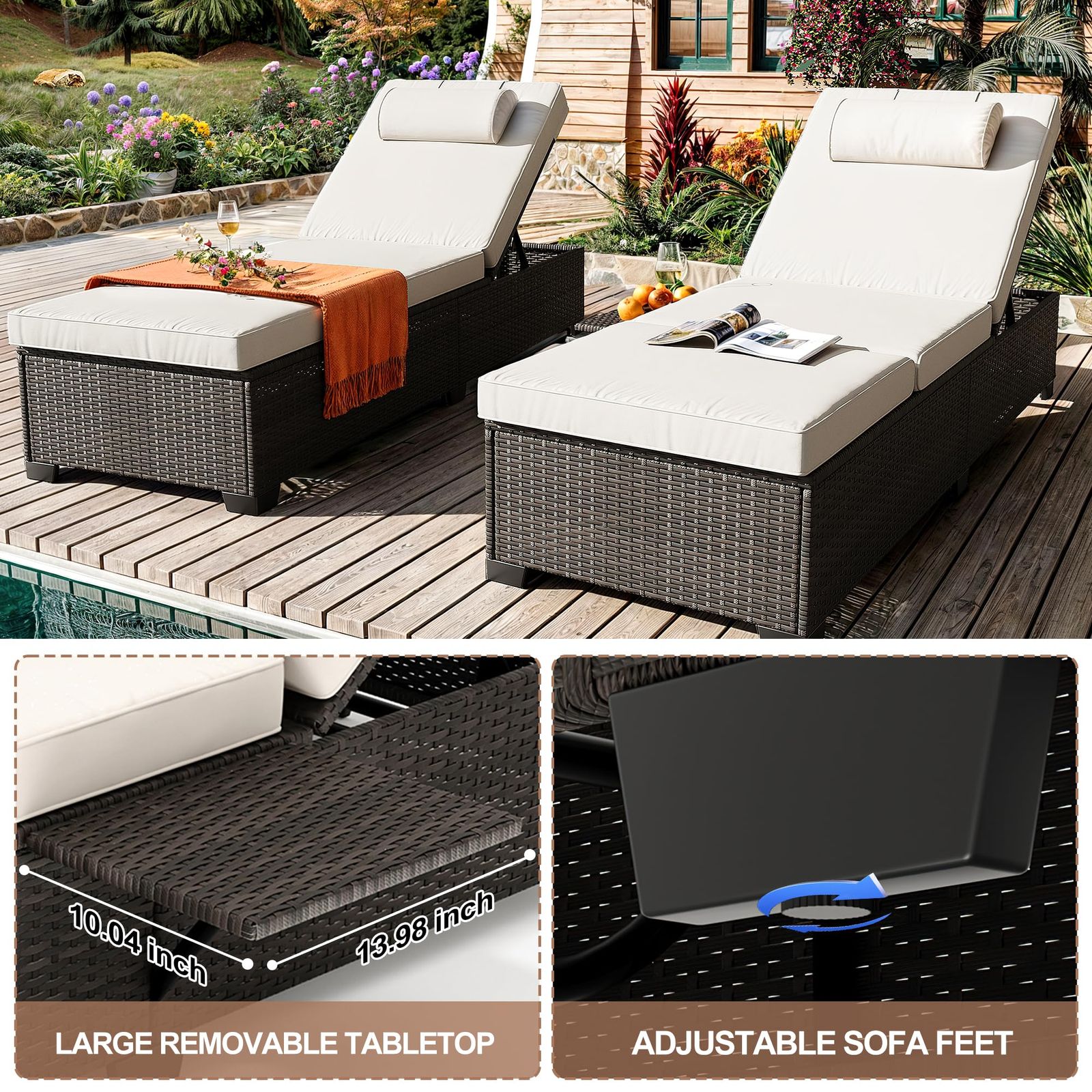 [Outdoor Sun Loungers] 2pcs Patio Chaise Lounge Set | Outdoor Adjustable Reclining Sun Loungers with PE Wicker & Steel Frame, Water-Resistant Cushions for Poolside, Beach, Backyard, All-Weather Furniture by GOCAPTAIN