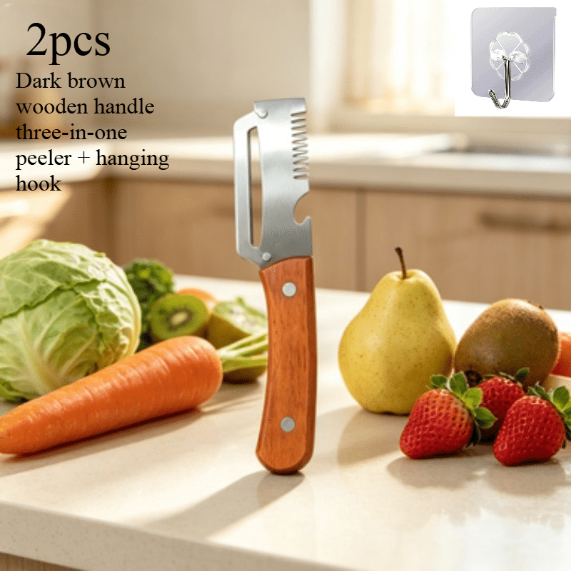 TEMU 2pcs (3-in-1 Dark Brown Wooden Handle Peeler And Hook) Multifunctional Onion Chopper, For Home, Industrial And Commercial Use, Slicer, Peeler,