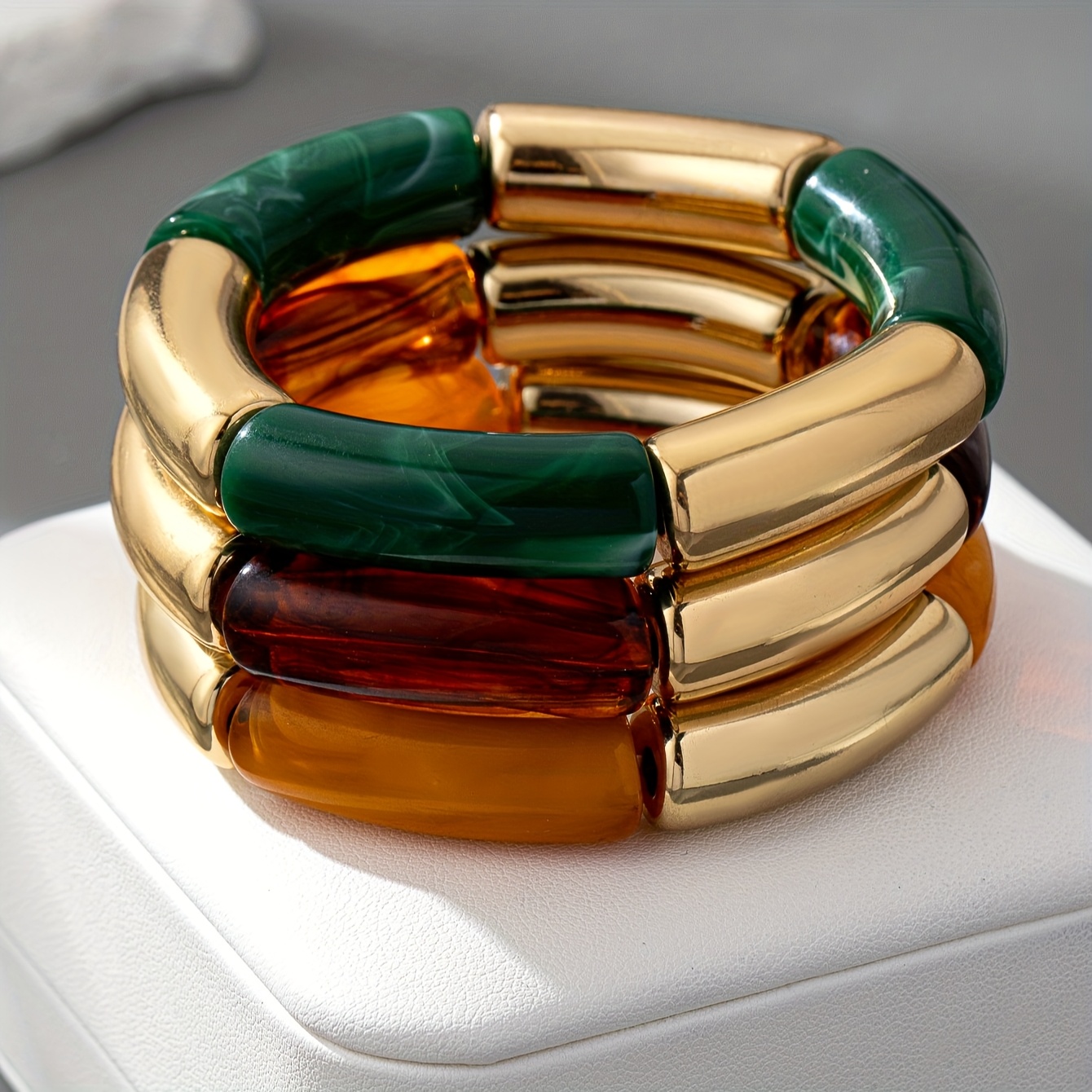 TEMU 3pcs Bohemian Bamboo Joint Bangle Bracelet - Lightweight Acrylic Stackable Suitable For Wedding, Resort, Vintage Resin Bangles With Contrast