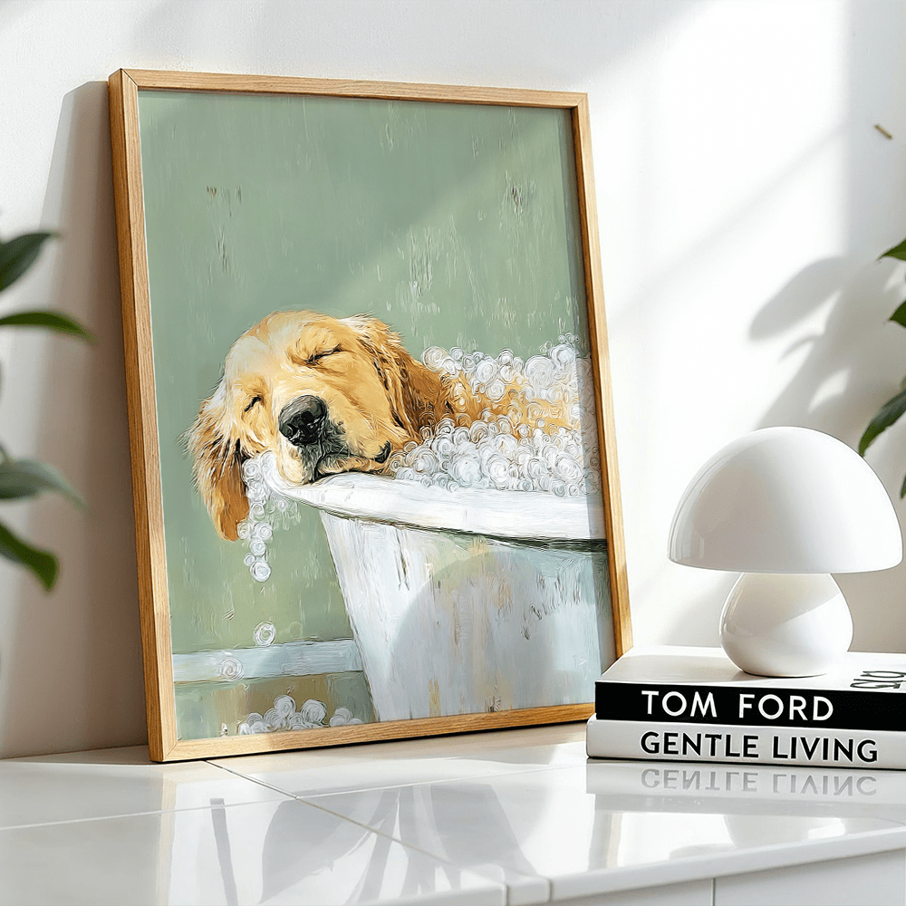 TEMU Décoration murale plate 2D, une seule pièce, affichant un poster rétro d'un Golden Retriever se baignant. Cette peinture sur toile ludique