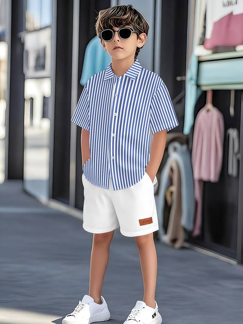 casual and fashionable cool vacation beach seaside and sporty style loose comfortable short sleeve shirt and shorts set with tropical plant patterns young boys outdoor for teenager