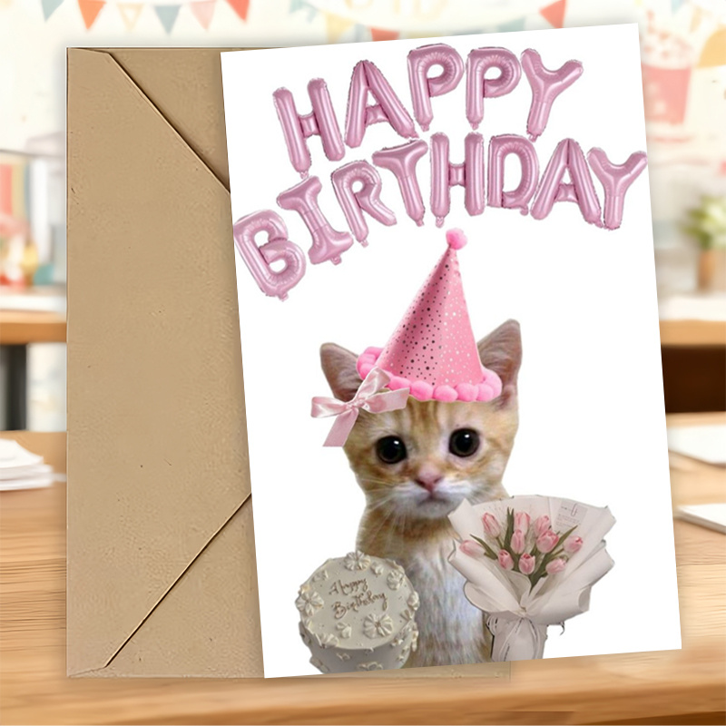 TEMU 1 Sheet - Pink Series Cute Cat Birthday Greeting Card - Includes Envelope, Suitable For Birthday Celebrations And Occasions, Ideal As A Fun