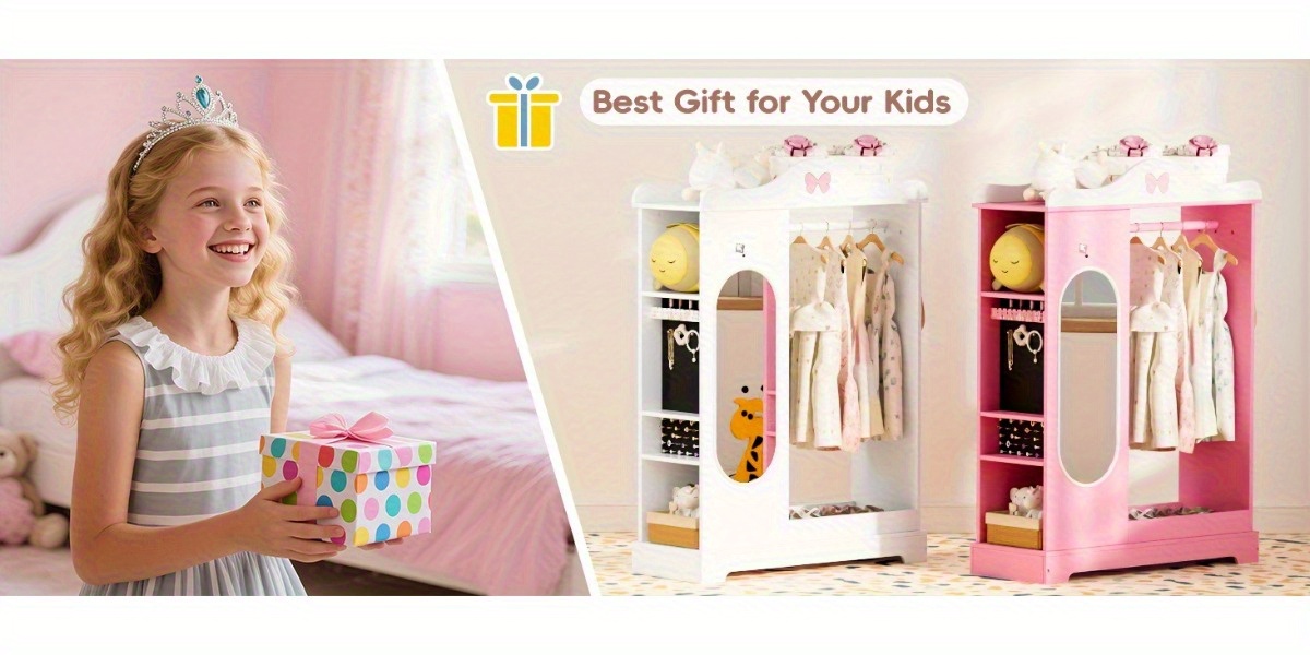 Kids Armoire with Jewelry Cabinet, Kids Dress Up Storage wth Shelves, Girls Wardrode Costume Organizer with Mirror, Children Closet with Armoire for Bedroom, Kids Room, Girls, Kids Room Furniture, Bedroom Storage, Stylish Kids Wardrobe, Playful Design, Hardwood Construction, Quality Wood Finish, Shelved Wardrobe, Parents Organizing, Childrens Clothing