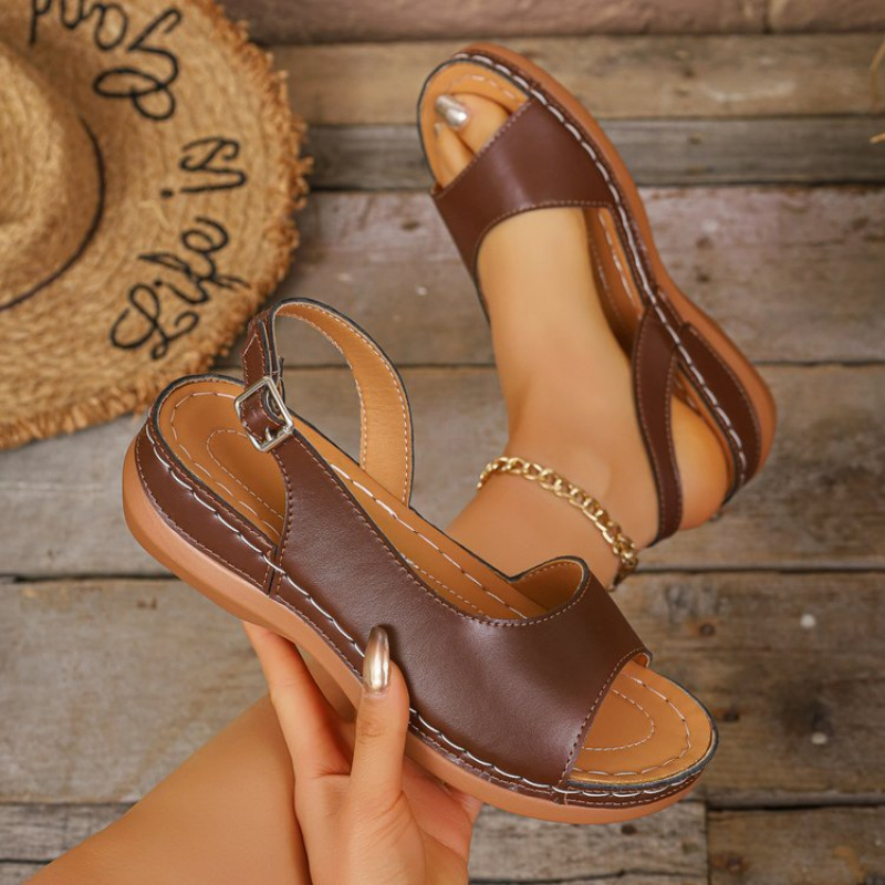 TEMU Women's Fashion Sandals / Harajuku Women's Sandals - Ankle Strap Wedge Sandals With Stitched Edge Detailing, Adjustable Back Ankle Strap, And