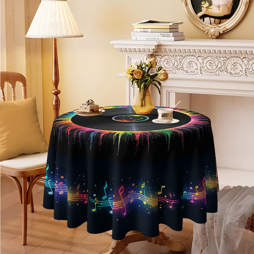 TEMU 1pc Colorful Vinyl Record Music Note Print Round Tablecloth, 120g/㎡ Twill Polyester Material, Furniture Protective Table Cover, Party Gathering
