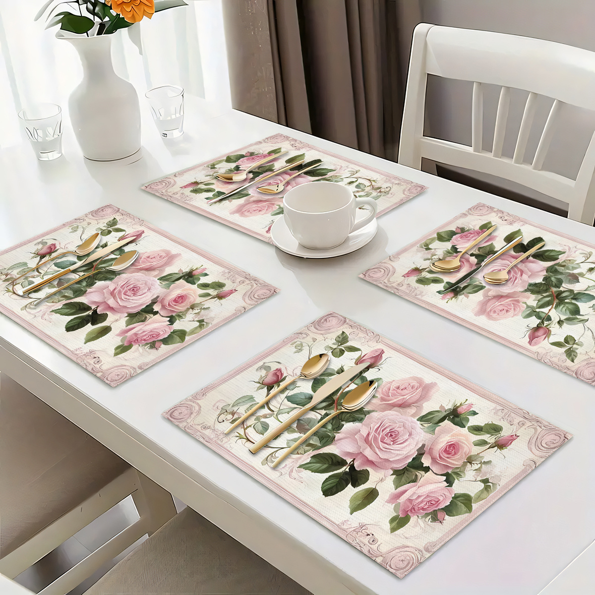 TEMU 4pcs Vintage Floral Placemats - Fashionable Pink Rose And Green , Perfect For Home Decor, Indoor And Outdoor Use