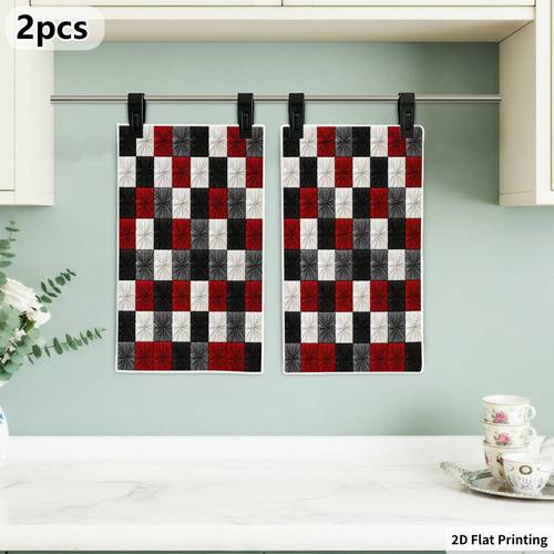 item picture 2d flat 2pcs checkered red black pattern kitchen towels for home decor checkerboard theme holiday 18x26 inch dish towels set for baking cooking drying cleaning bathroom use 2d flat