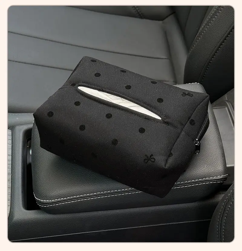 luxury elegant polka dot car tissue holder with bowknot universal fit backseat and polyester fiber ideal for armrest sun visor and console storage car accessories Product details 14