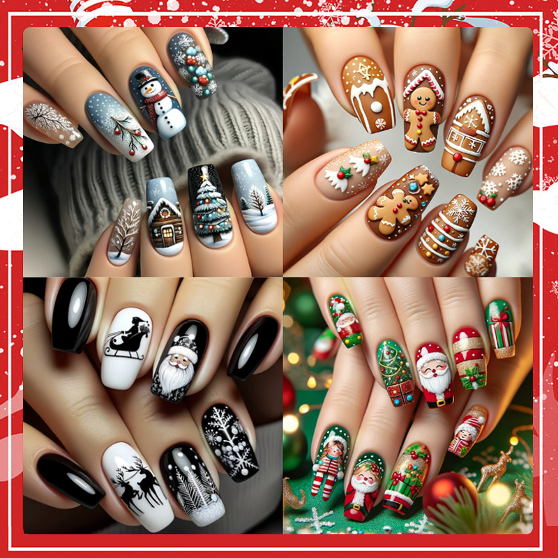 

4pcs Christmas Press-on Nails Set - Medium , With Designs (santa, Snowman, Gingerbread) In