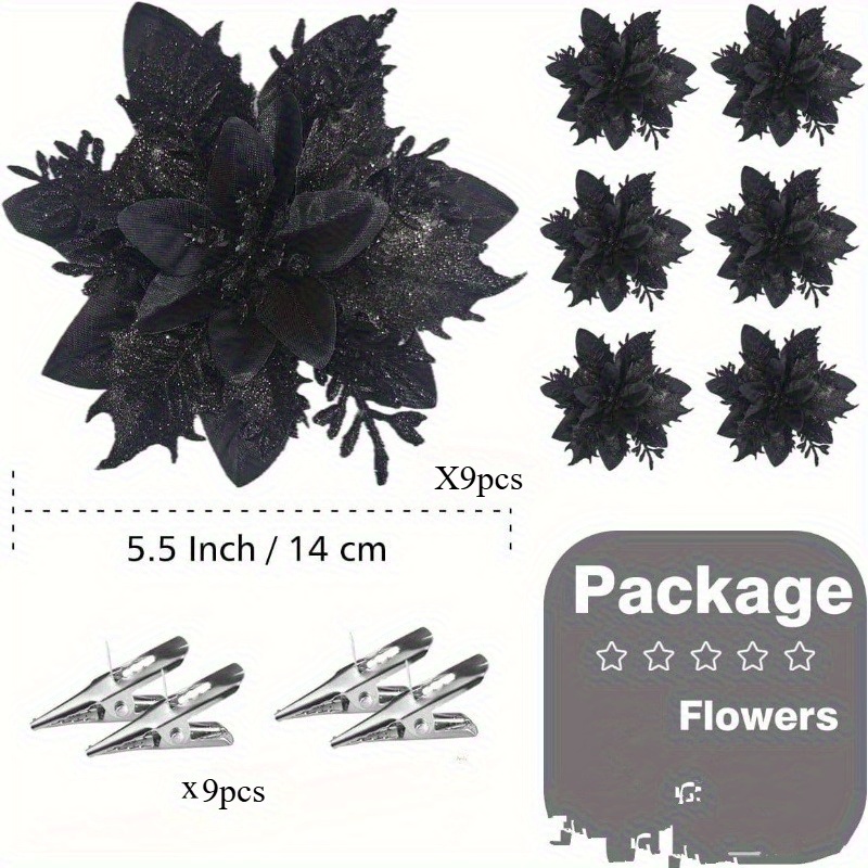 18pcs 9pcs Flower And 9pcs Clip Black Poinsettia Artificial Flowers With Metallic Leaves - 14cm Realistic Christmas Decor For Wreaths, Holiday Party And , Christmas Outdoor Decorations, Uv Resistant