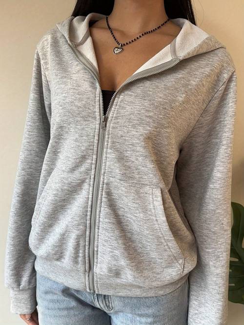 womens autumn clothing solid color casual versatile hooded sweatshirt jacket