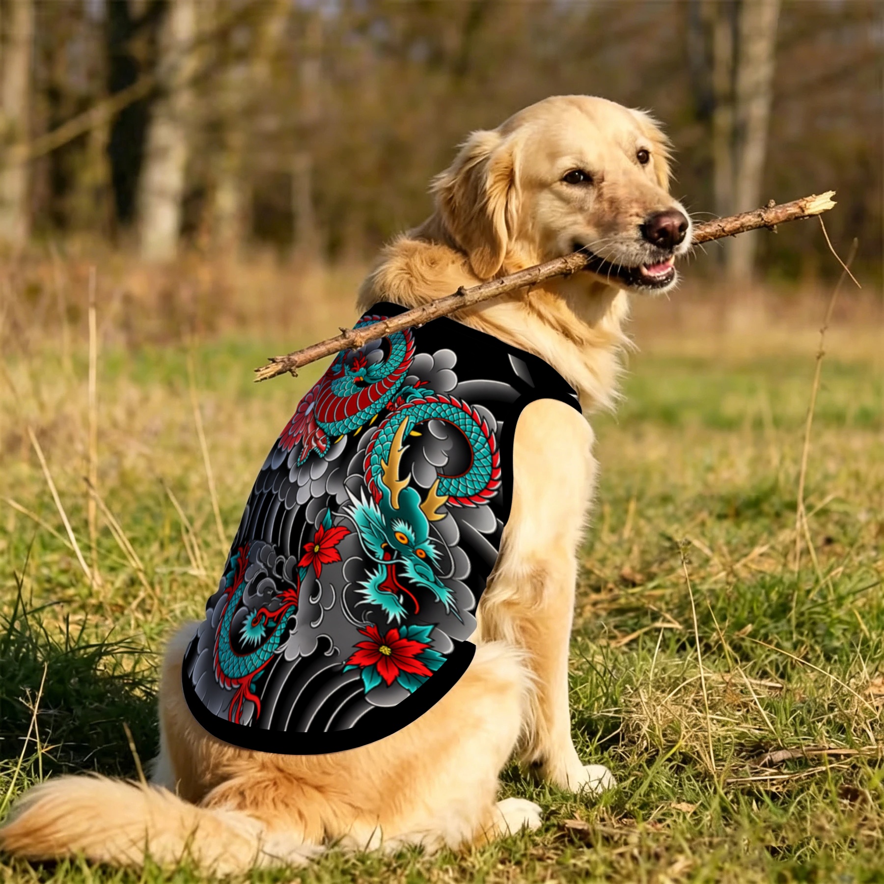 TEMU 【犬猫用】服装、伝統的な緑の龍柄プリント、小型・中型・大型ペット用ペットベスト。アウトドアや日常活動に最適。可愛いペットのルックで暖かい瞬間を記録、のある完璧なギフト。で快適なペット服