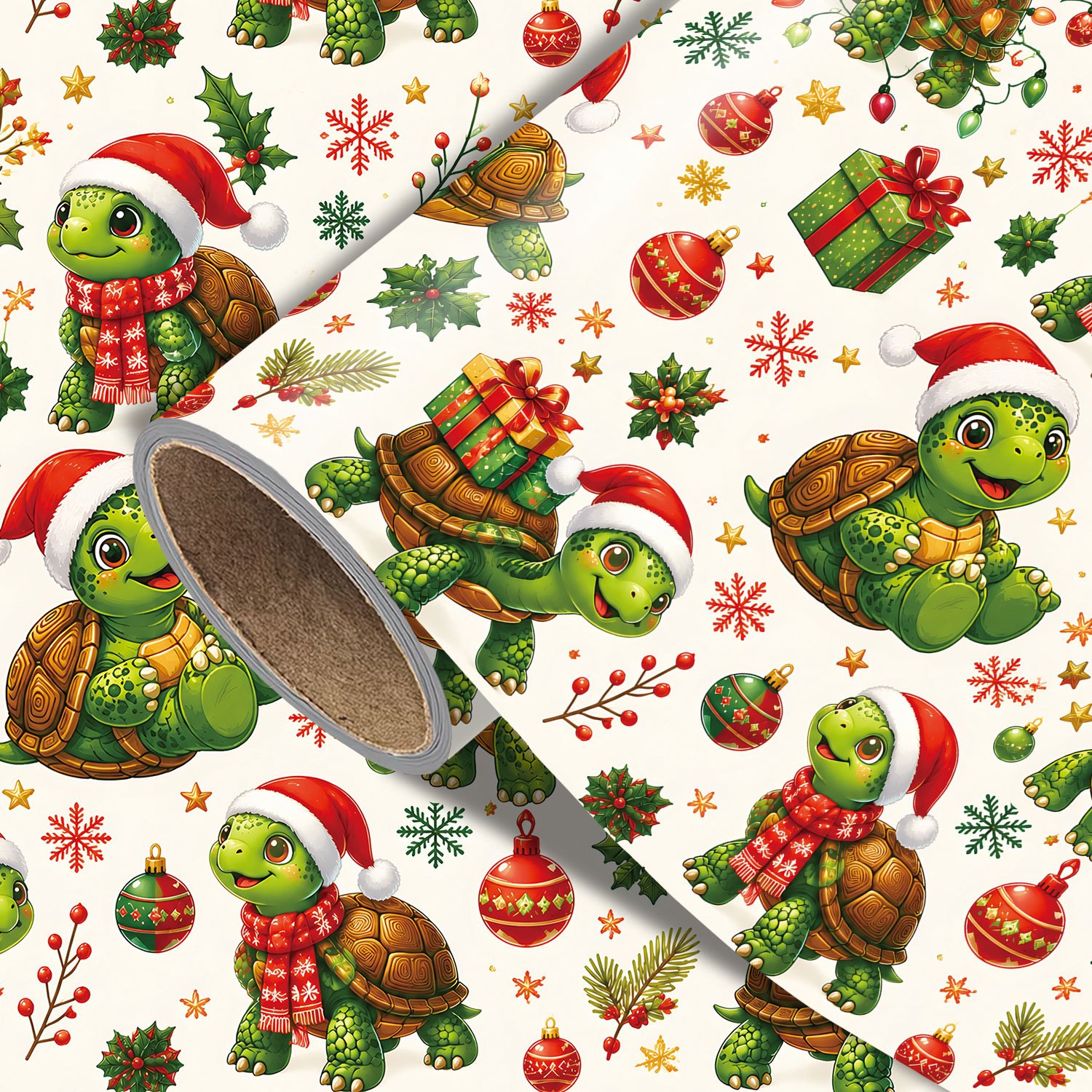 TEMU Rouleau de Tortue de Noël - 17.7 X 118 pouces, Papier d'emballage cadeau de Noël avec des tortues de Père Noël, des boîtes cadeaux, des