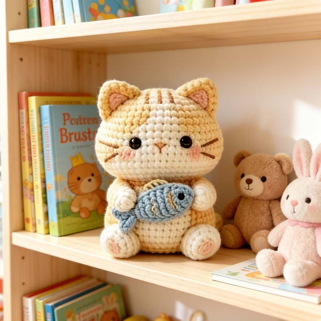 1pc complete diy cat with fish crochet kit suitable for beginners amigurumi craft set with yarn tools tutorial handmade orange kitten plush yarn   crochet project for kids adults   gift for crafters Product details 1