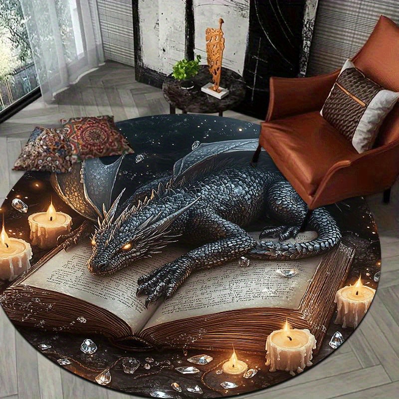 TEMU 2D-Flache 1-tlg. Runde Fußmatte mit Drache auf Buch, Leicht, Rutschfest, Maschinenwaschbar, Heimdekoration, Mystische Kreatur, ein Fantasie-,
