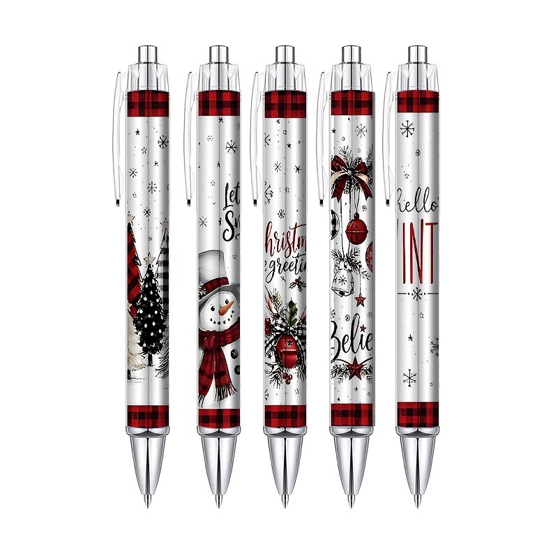 TEMU 5pcs Christmas Push-button Ballpoint Pens, Vintage Snowman Christmas Tree Bells Pattern Ballpoint Pens, 1.0mm Black Ink Smooth Writing