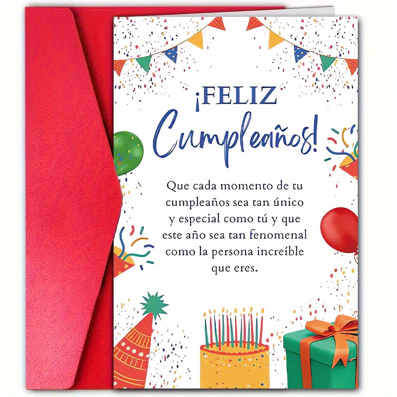 TEMU 1pc Tarjeta de en Español con Sobre 12x18cm - Diseño de Globos Vibrantes, Regalos & , para Familiares, y Mujeres, Decoración Única o Gracias,
