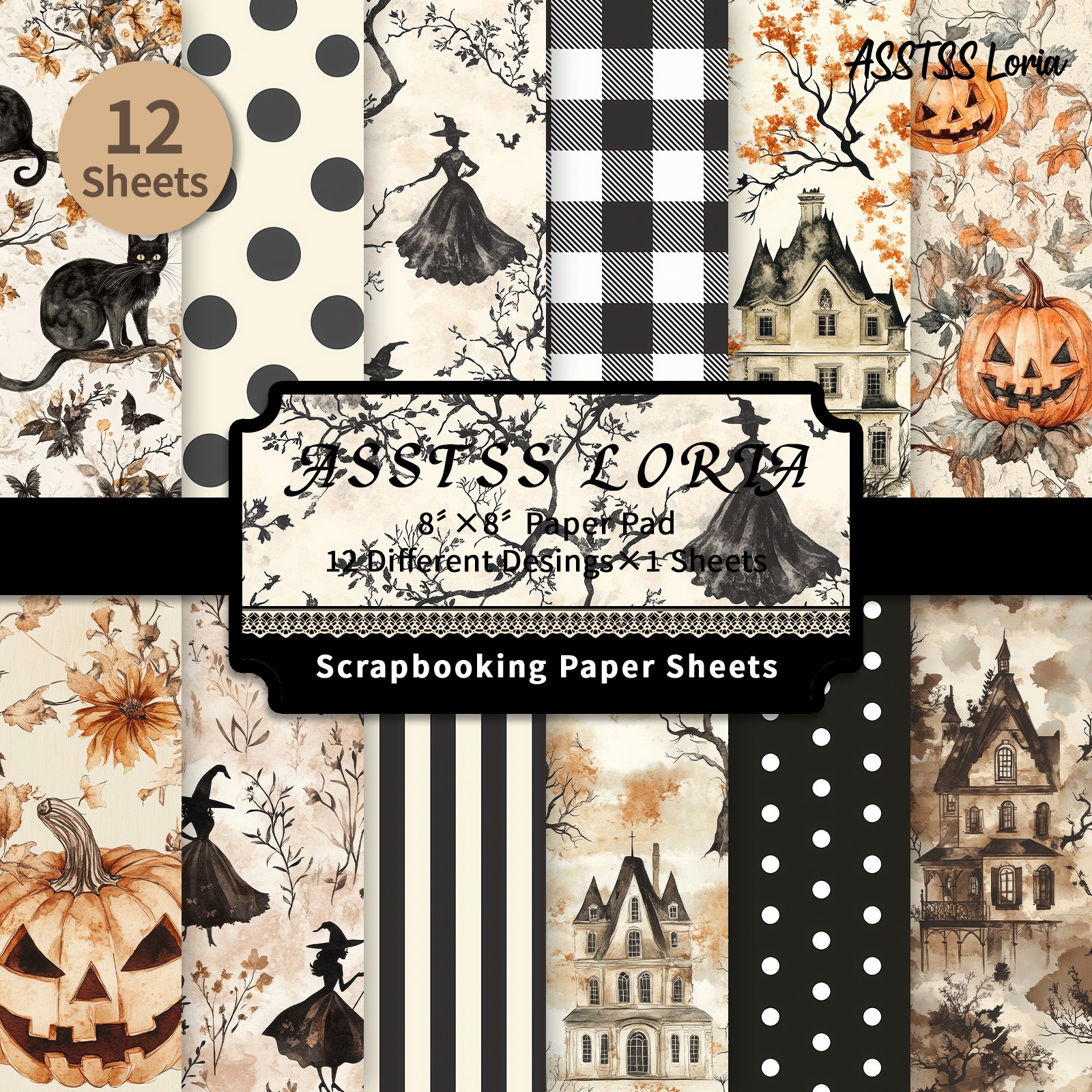 TEMU Lot de 12 feuilles de papier scrapbooking ASSTSS 8X8 pouces, papier de base vintage et fantaisiste pour Halloween, papier cartonné épais pour