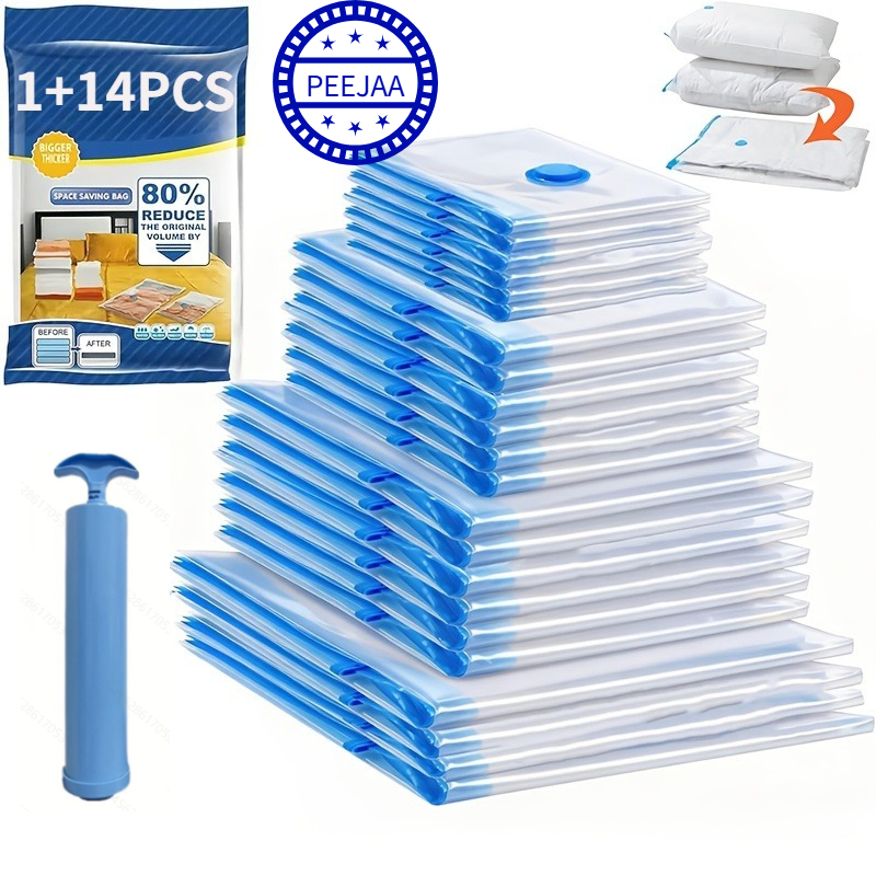 TEMU Peejaa 15pcs Transparent Vacuum Compression Storage Bags (5s X X 3l X 3xl), Random 1pc Blue Manual Pump Gift - Durable Plastic Space-saving