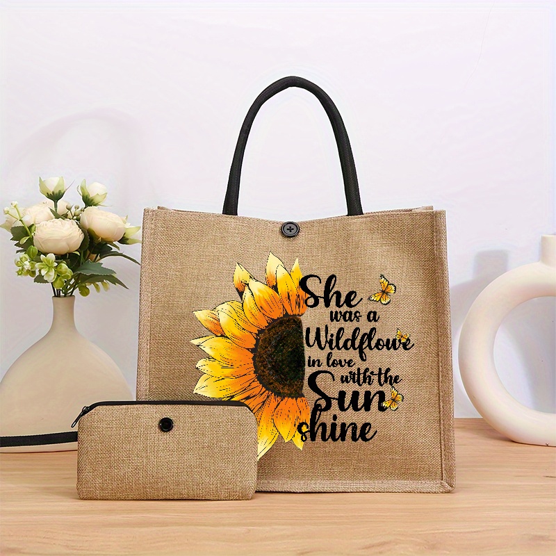 2pcs natural linen tote crossbody bag set casual two piece combo     logo breathable unisex shoulder bag bundle lightweight foldable design   beach trips weekend    