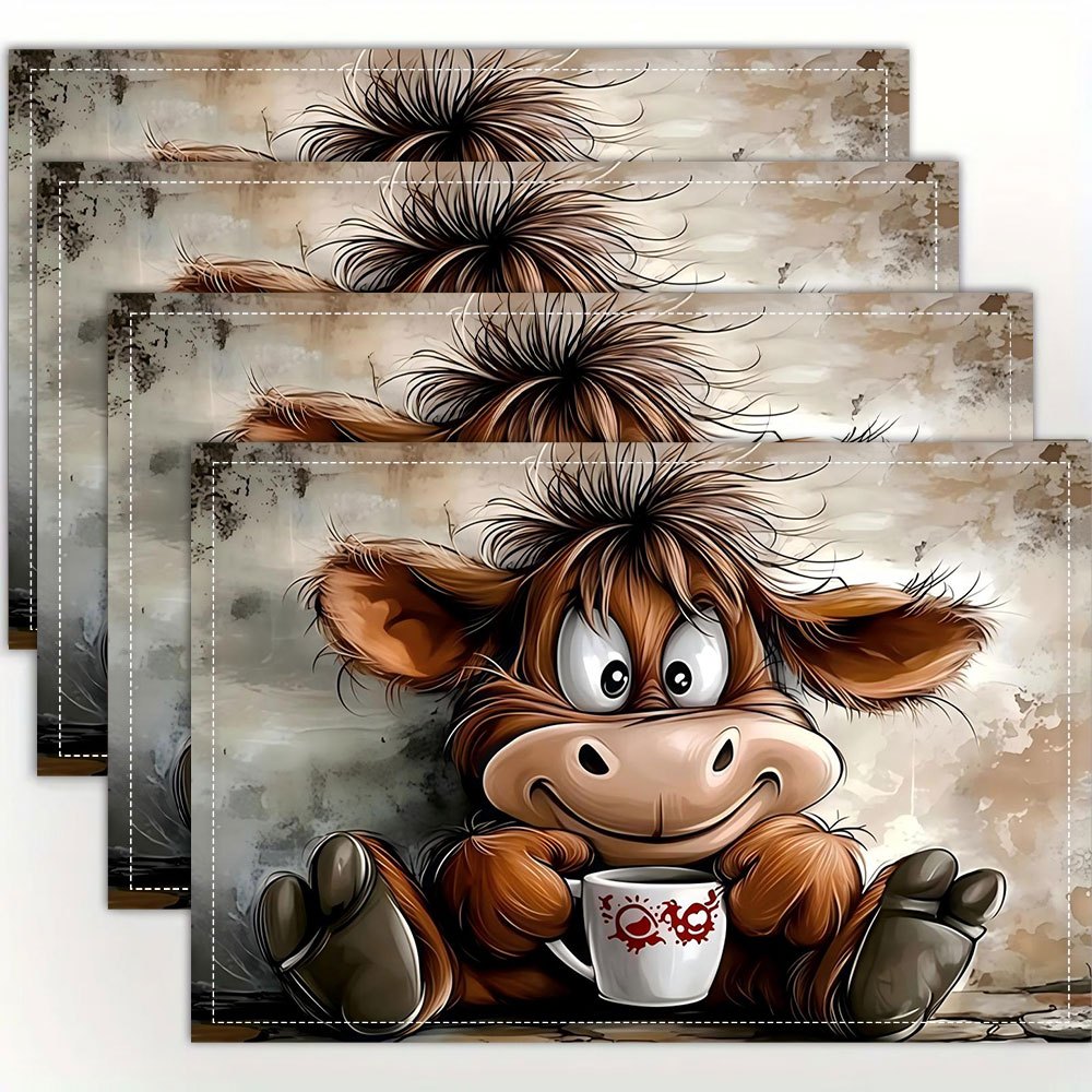 TEMU 4pcs Highland Cow Placemats Suitable For Home And Restaurant, Table Decor With Cute Scottish Cow Print, Machine Washable Rectangular ,