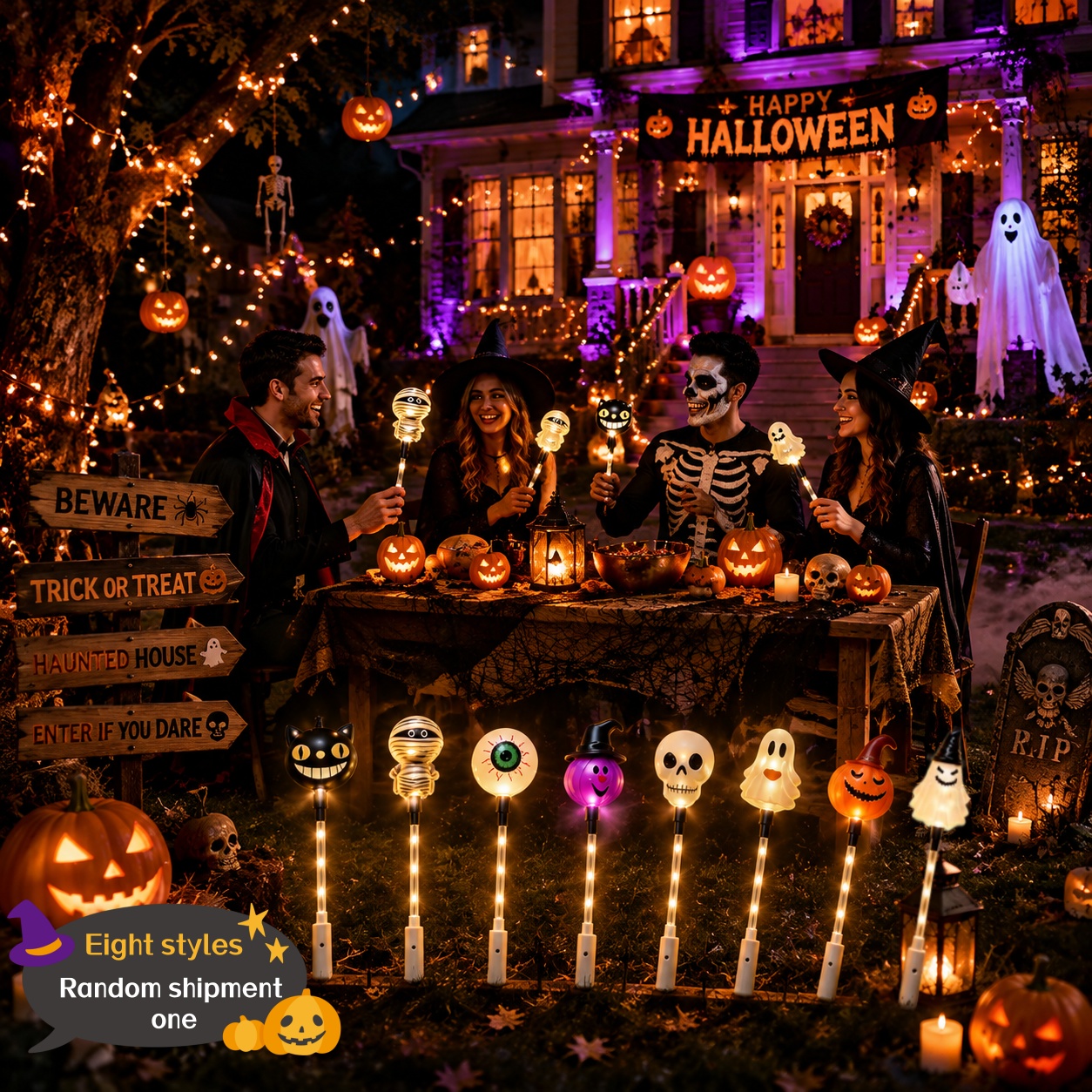 Image of Random 8 Styles Halloween Handheld Glowing Atmosphere Lights, Led Shimmering Jack-o'-lantern Skull Witch Light Sticks, Role-playing Costume Additions, Party Photography Props, And Holiday Decorations