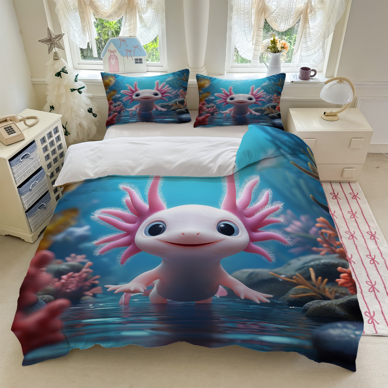 E-shop 3er-Set Bettwäsche mit Cartoon-Axolotl-Motiv Blaues Ozean-Thema + 1 Bettbezug + 2 Kissenbezüge, Ohne Füllung + Schlafzimmerdeko