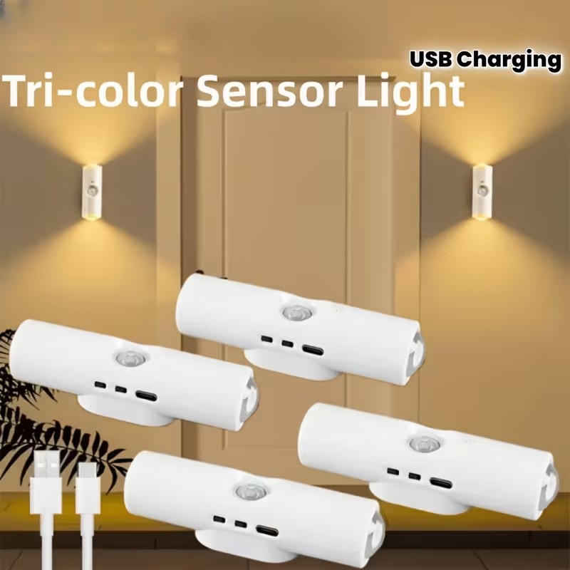2LED Индукционна лампа за човешко тяло, Три вида светлина USB презареждаща се нощна лампа, Двуглав LED индукционна лампа за стена, Регулируема яркост в 3 цвята (Топло бяло/Неутрално/Студено бяло), USB зареждане, Регулируема яркост Котешко око Стенна лампа