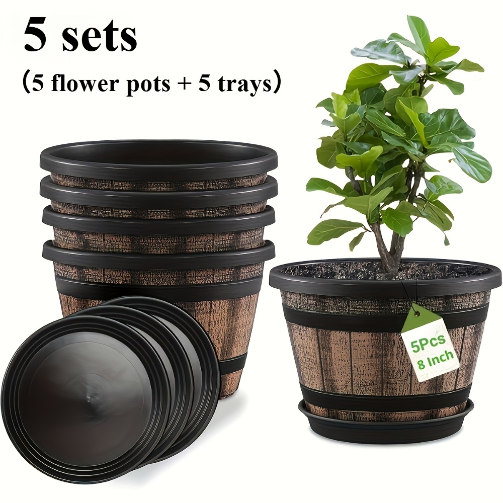 TEMU 5pcs Pot And 5pcs Saucers), 8-inch Plant Pot Set, Large Vintage Whiskey Planter - Heavy Resin Indoor/outdoor Planter With Tray For Garden Home