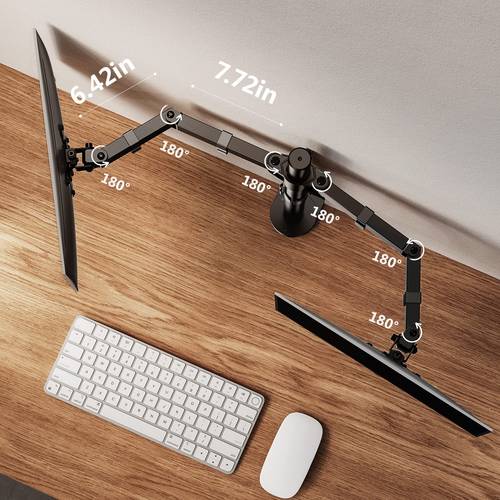 this dual monitor stand accommodates screens from 13 to 32 inches and supports a weight of 17 6 offering full adjustability in height tilt swivel and rotation